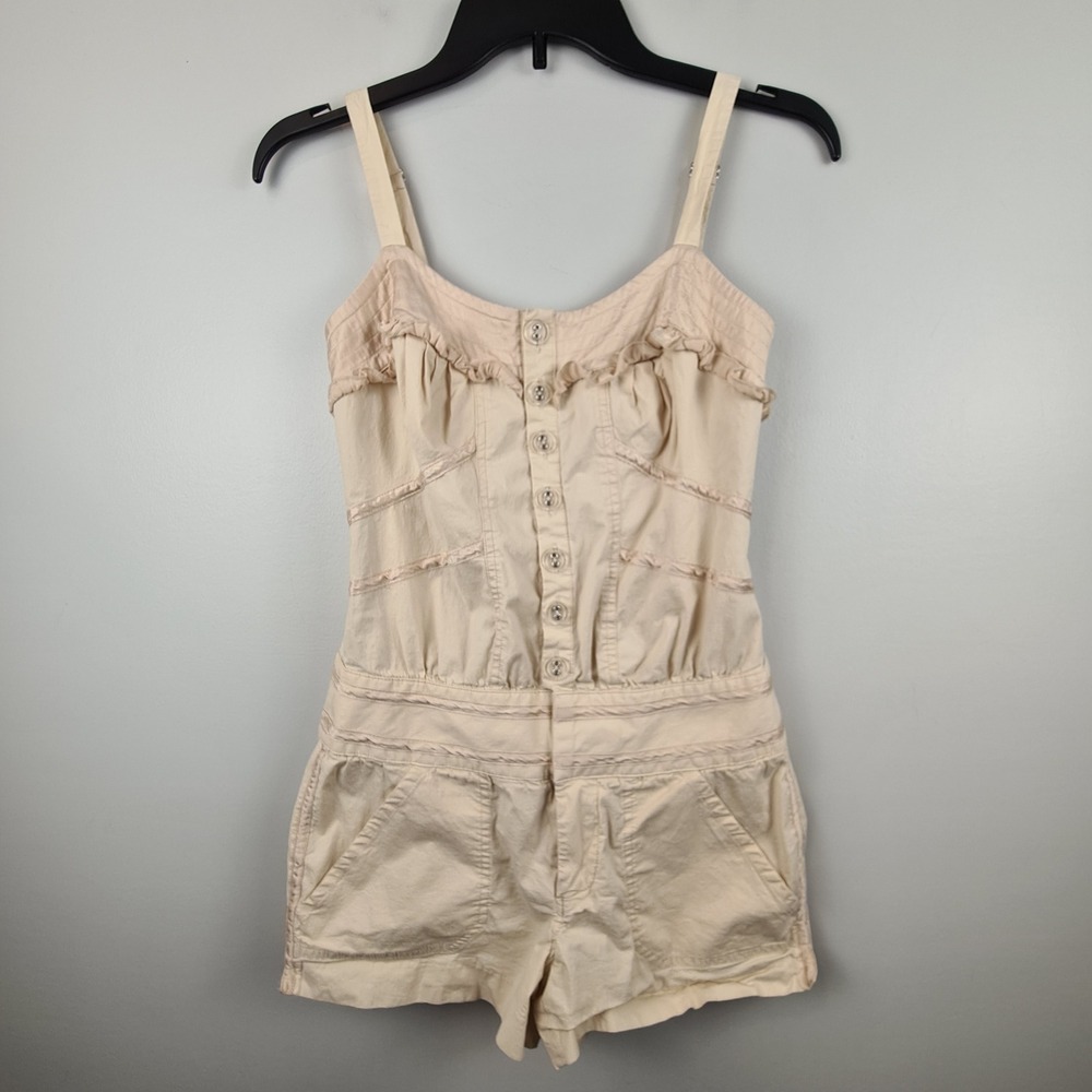 Bebe Womens XXS Beige Cotton Silk Trim Ruffle Button Front Romper Y2K Coquette